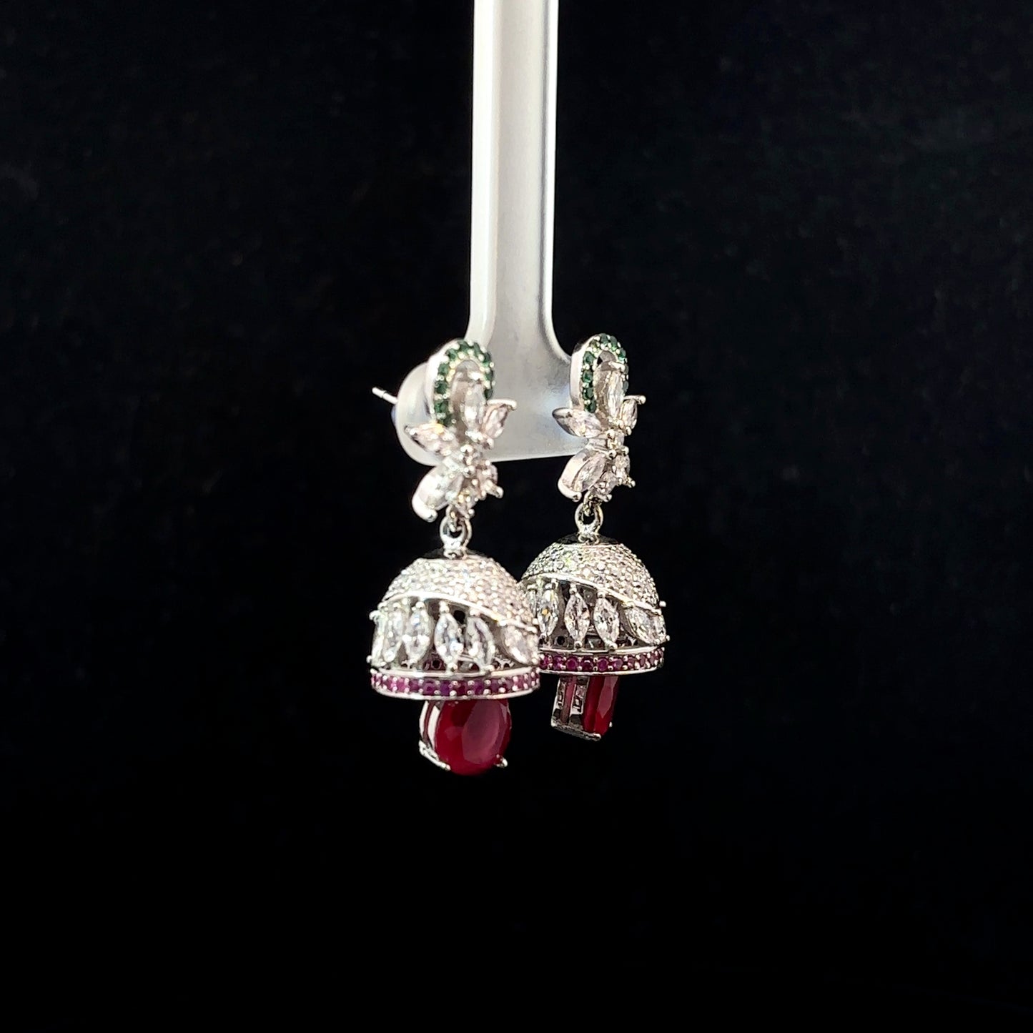 Sterling Silver Jhumka Earrings with American Diamonds and Ruby Drops