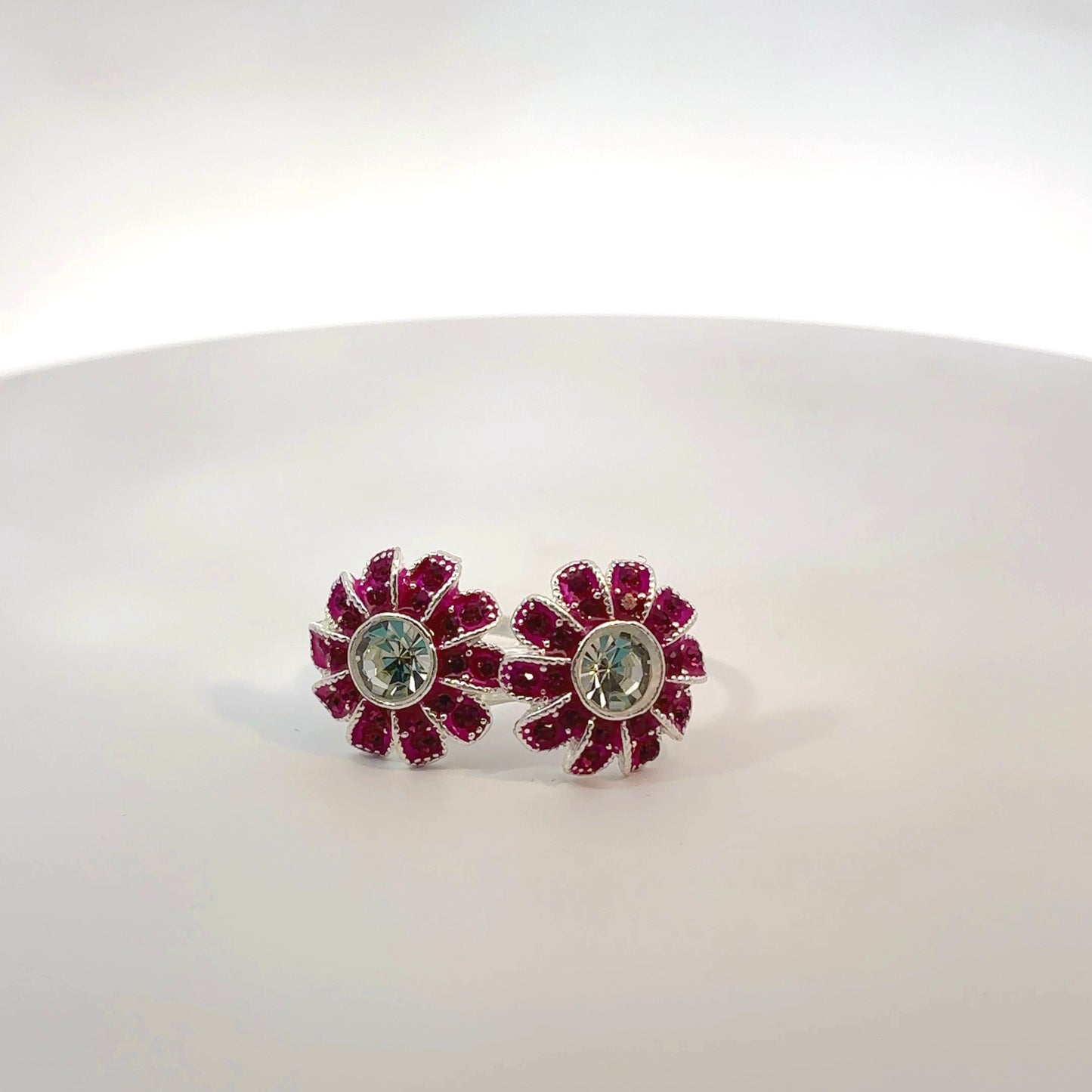 Silver Toe Ring with Pink Stone & Flowered Design