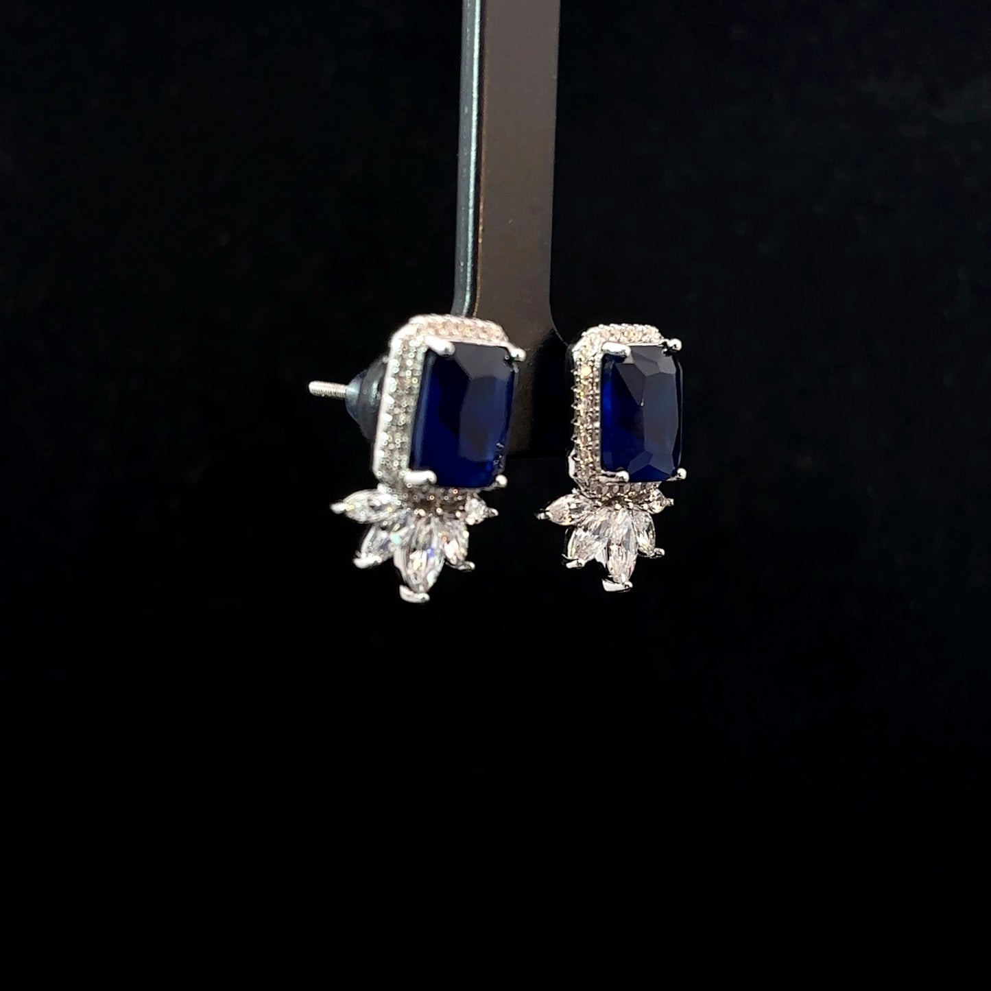 Sterling Silver Blue Square Shaped Earrings with American Diamonds