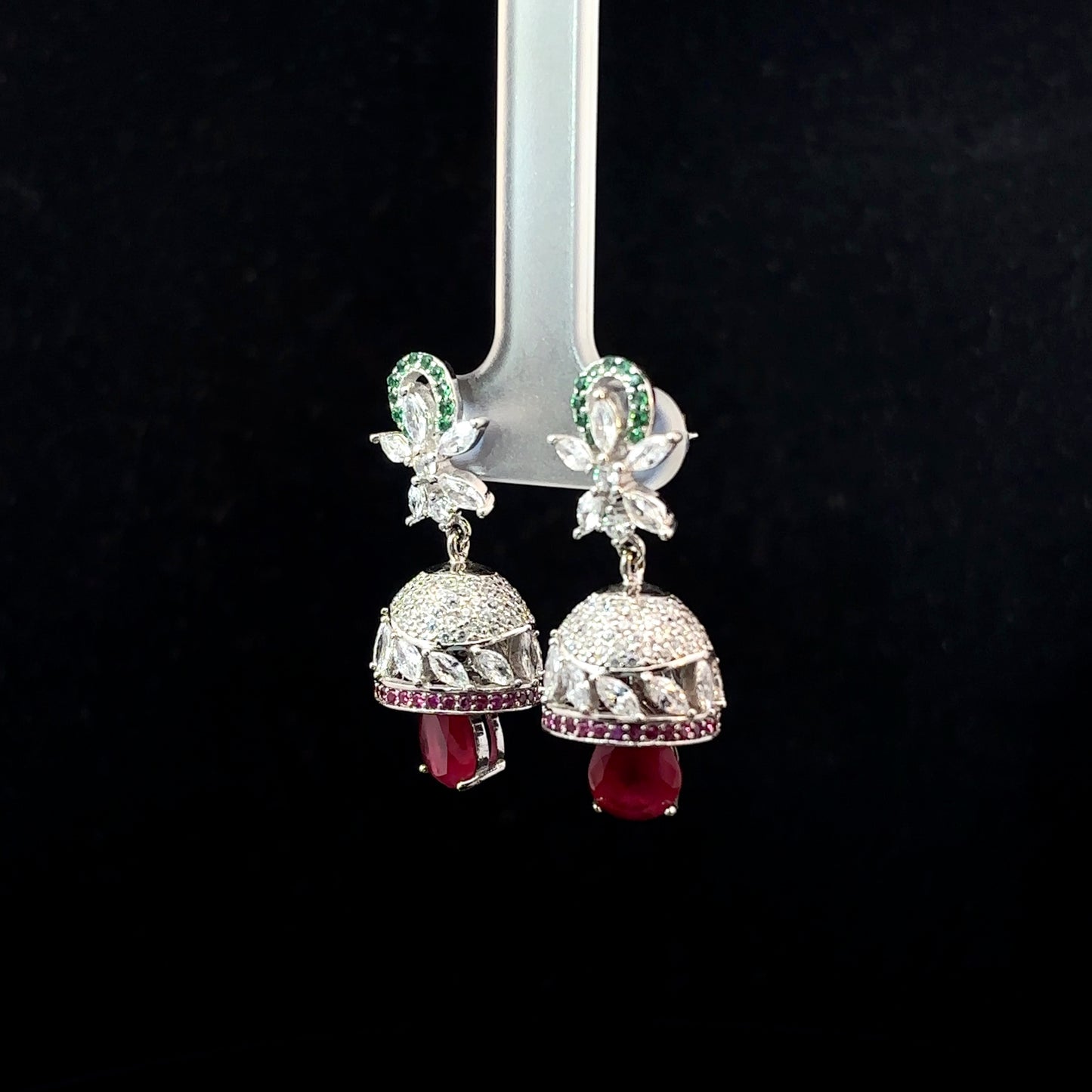 Sterling Silver Jhumka Earrings with American Diamonds and Ruby Drops