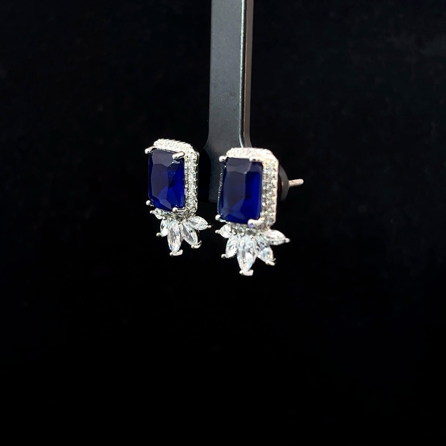 Sterling Silver Blue Square Shaped Earrings with American Diamonds