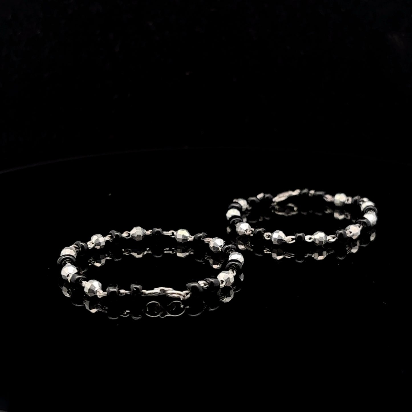 Silver Crystal Design Black Beads Nazariya Bracelet for Baby Boys & Girls - Set of 2