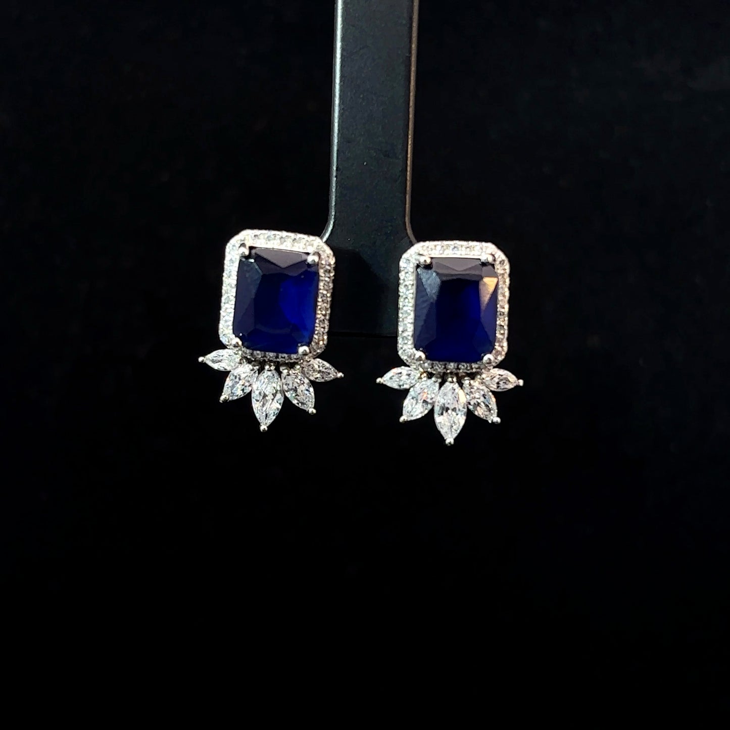 Sterling Silver Blue Square Shaped Earrings with American Diamonds