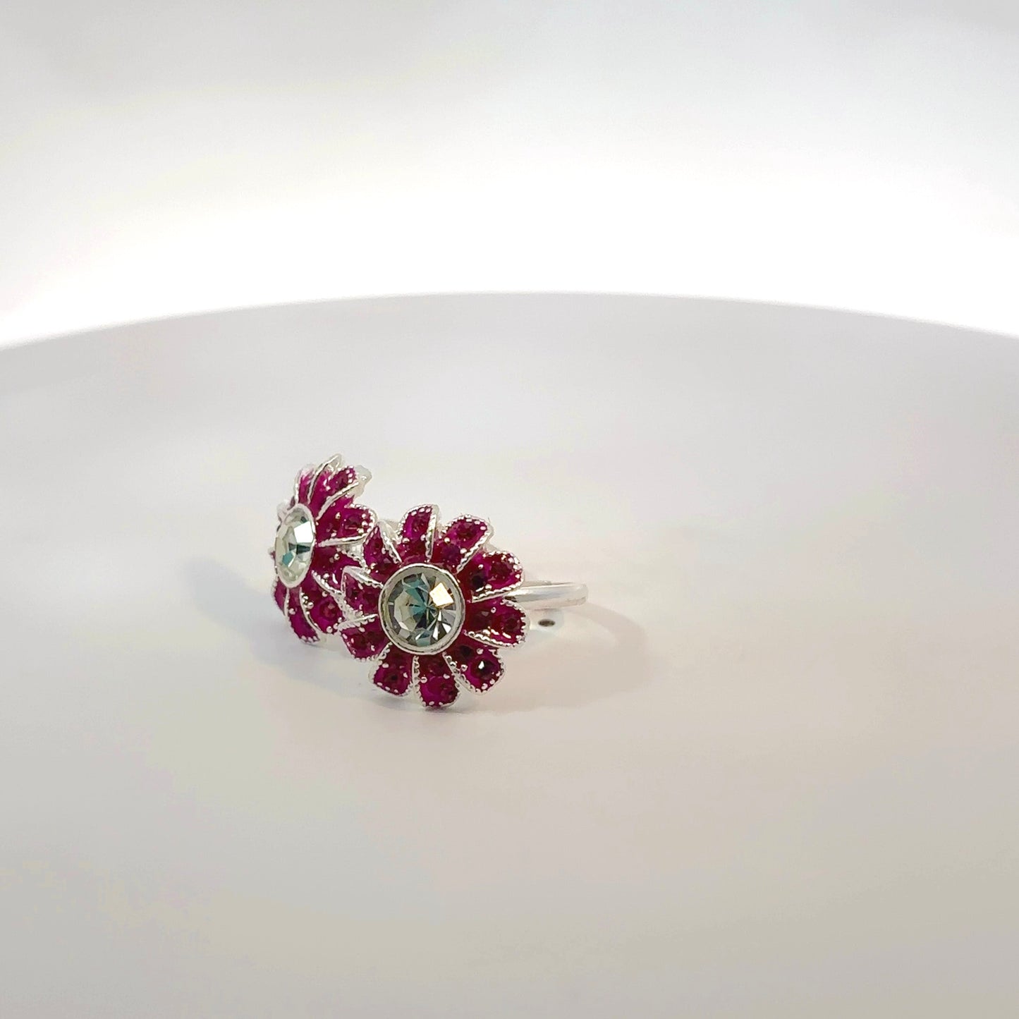 Silver Toe Ring with Pink Stone & Flowered Design