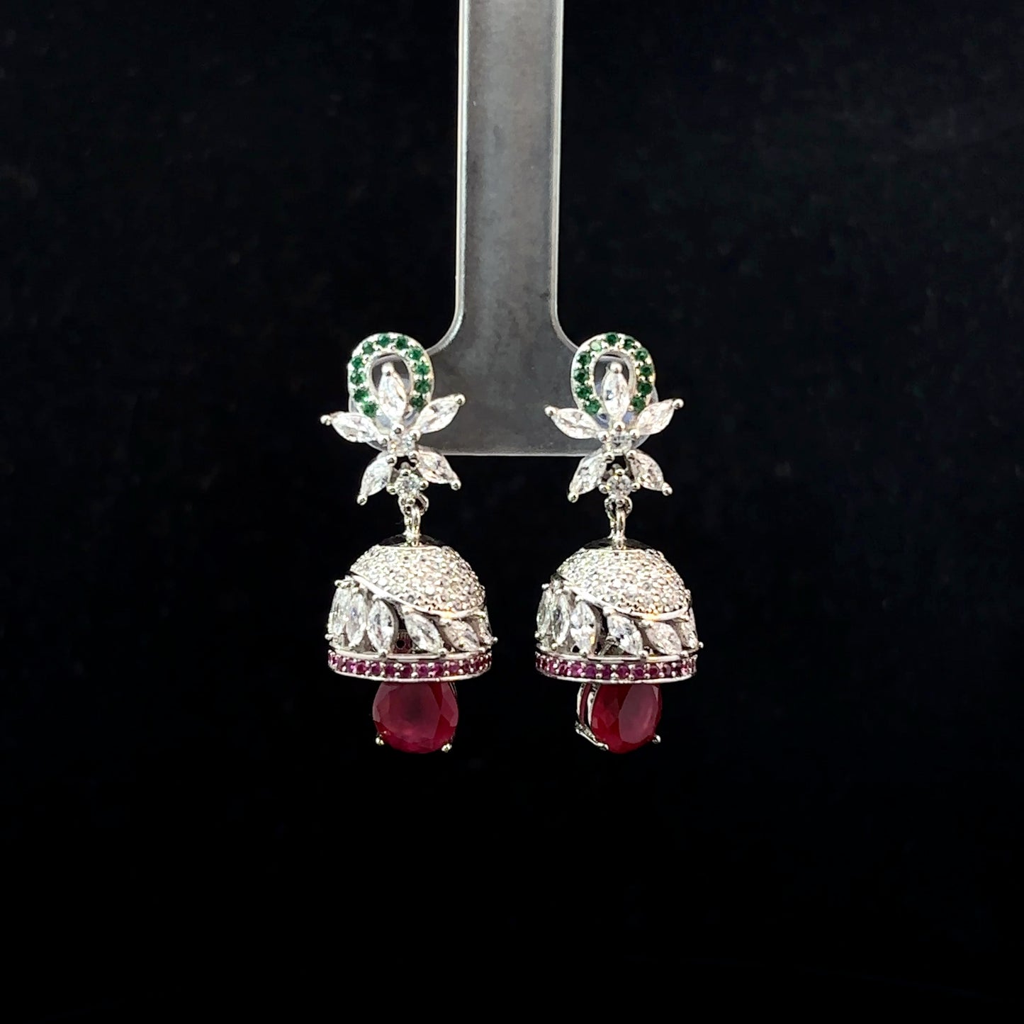 Sterling Silver Jhumka Earrings with American Diamonds and Ruby Drops