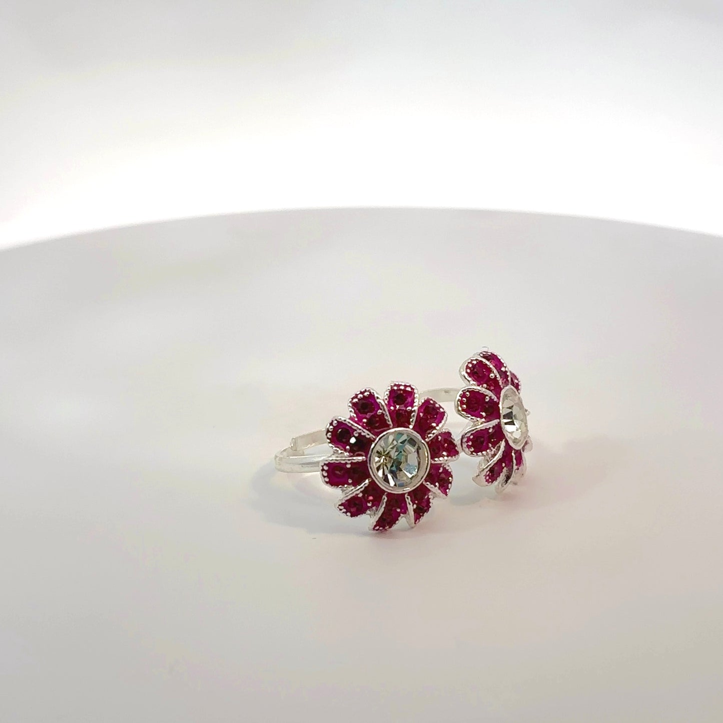 Silver Toe Ring with Pink Stone & Flowered Design