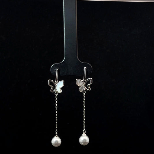 Sterling Silver Butterfly Earrings with Pearl Ball