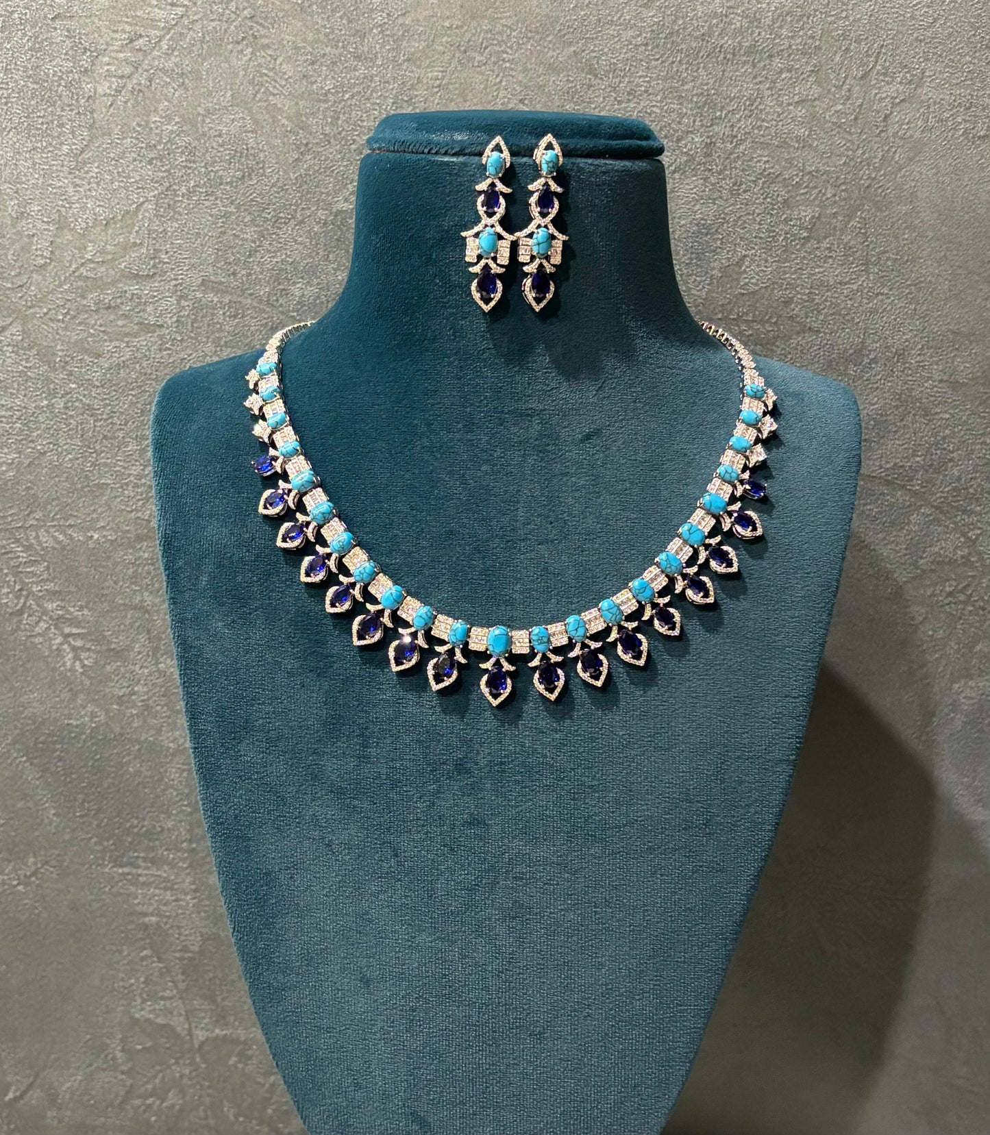 Sterling Silver Necklace with Earrings Inlaid with Blue & Purple American Diamonds