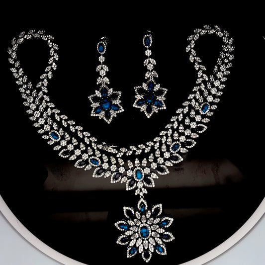 Sterling Silver Necklace with Earrings Inlaid with Blue American Diamonds